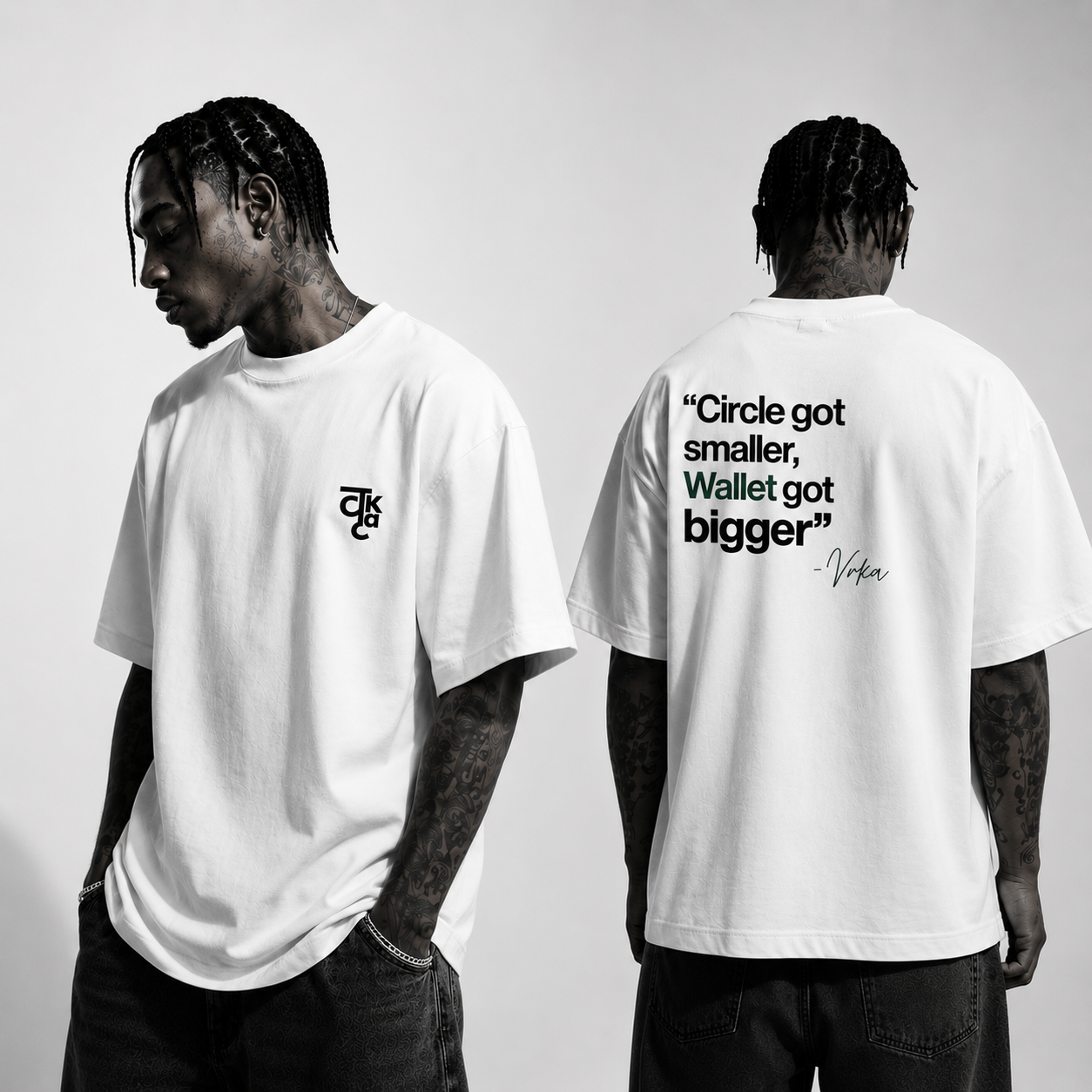VRKA THOUGHTS oversized tee front and back on model with Circle got smaller Wallet got bigger graphic